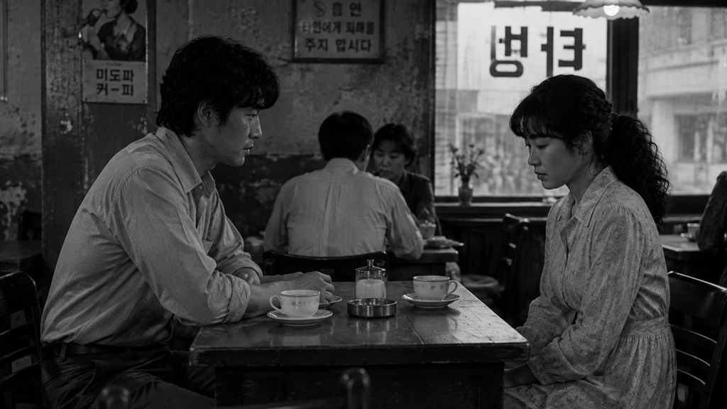 1972년 목포의 다방에서 마주 앉아 이야기를 나누는 윤서희와 한 남자