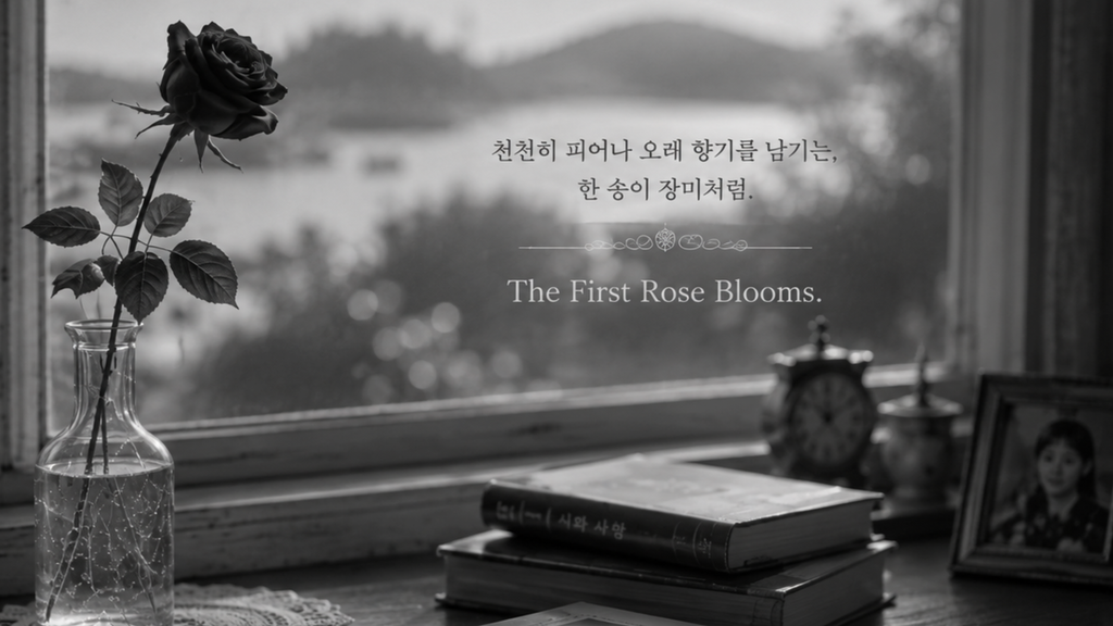 창가에 놓인 한 송이 장미와 오래된 사진, ROZAIONE STORY 01의 마지막 장면
